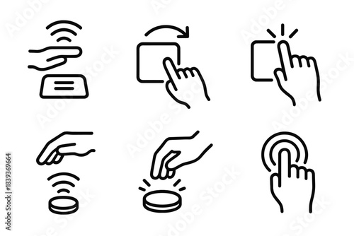 Gesture Control Icons. Contact-Free Interaction linear set: floating hand, swipe arc, hold gesture, infrared sensor, action glow, command pulse.