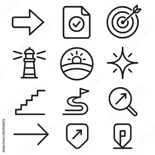 Purpose Icons Illustration. Clarity of Purpose linear set: direction arrow, intention card, focused target, guiding beam, milestone dot, open horizon, clarity spark, clean steps,
