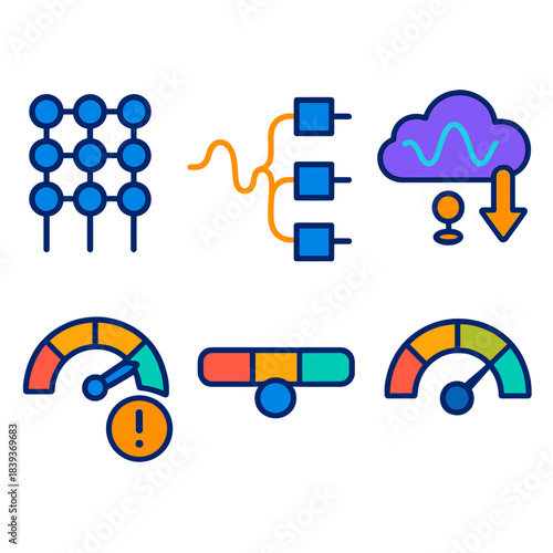 Quantum Computing Icons. Quantum Data Processing flat set: qubit register block, gate sequence path, superposition cloud, measurement trigger icon, error rate dial, stability meter