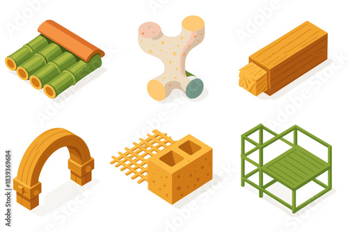 Sustainable Building Materials. Regenerative construction systems flat isometric set: bamboo frame tile, fungal composite node, straw infill bar, timber joint arc, natural fiber