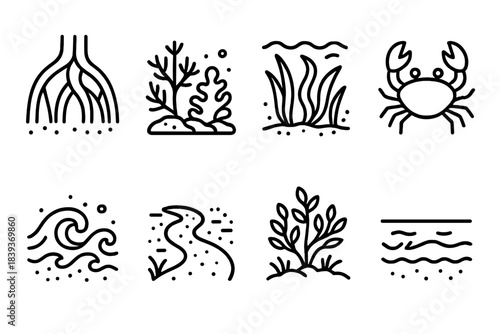 Coastal Ecosystem Icons. Coastal ecosystem set linear set: mangrove root, shallow reef, seaweed patch, crab, sea foam, sandy path, coastal shrub, ocean horizon line.