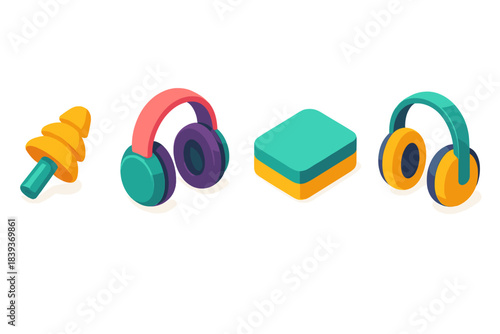 Stylish Hearing Protectors. Personal Hearing Guards flat isometric set: soft-silicone plug, comfort muff ring, isolation cushion slab.