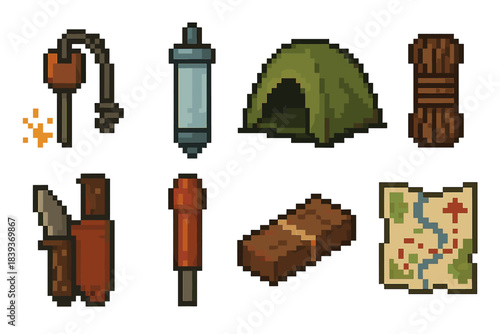Survival Gear Icons. Essential survival gear set of icons in flat pixel vector style: fire striker, water purifier, compact shelter, rope bundle, knife sheath, flare stick, ration