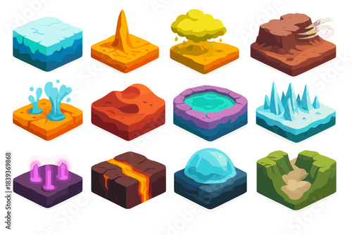 Vibrant Planetary Icons. Harsh Planetary Environments flat isometric set: frozen tundra slab, desert thermal spike, corrosive cloud layer, wind-scoured plateau, volatile geyser