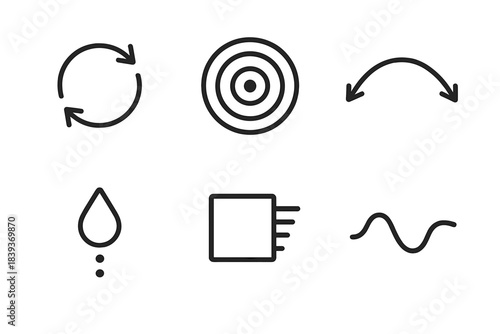 Dynamic Abstract Icons. Creative Motion Patterns linear set: rotating ring, expanding ripple, bending arc, cascading drop, shifting block, swaying line.