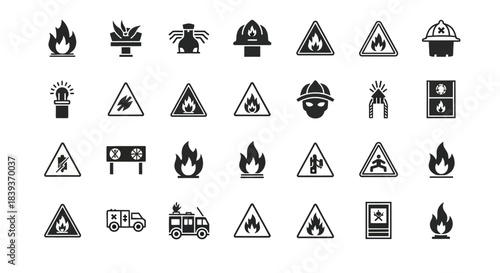 Collection of hand drawn fire icons isolated on set of vector firefighter symbols and design elements in doodle style