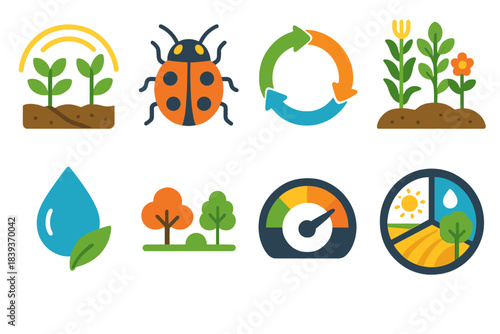 Agroecological Icon Harmony. Agroecological Balance flat set: crop–soil harmony icon, beneficial insect node, nutrient cycling loop, polyculture patch, water stewardship drop,