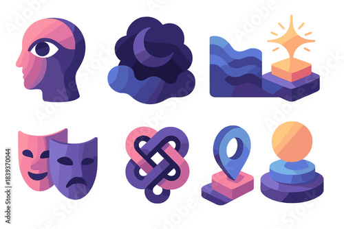 Shadow Work Icons. Shadow Work Imagery Set flat isometric set: inward gaze icon, dark-side motif, emotional depth wave, self-illumination spark, dual-aspect mask, confronting