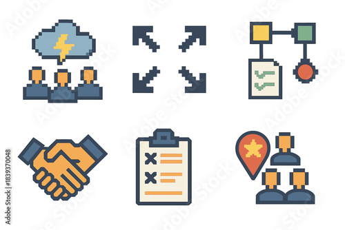 Collaborative Icon Set. Collaborative group elements set of icons in flat pixel vector style: group brainstorm cloud, connection arrows, shared checklist, workflow chart,