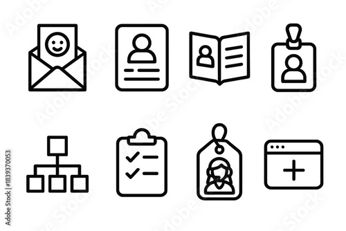 Onboarding Tools Icons. Onboarding Support Tools linear set: welcome packet, role outline card, team directory, access badge, workflow map, orientation checklist, support contact