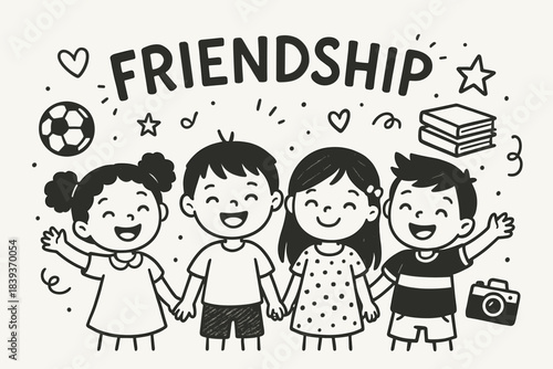 Cartoon Kids' Friendship. Four smiling cartoon kids represent friendship, each with unique hairstyles and outfits, lined up below playful 'FRIENDSHIP' text. Surrounding them are