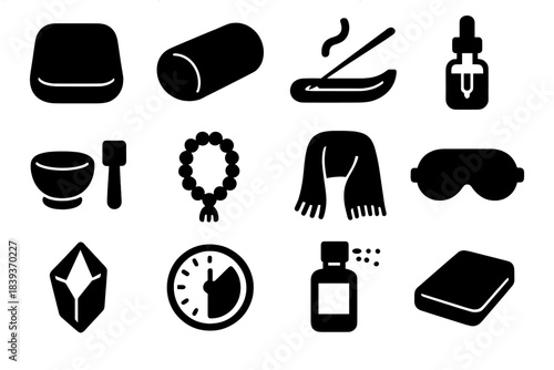 Calming Practice Icons. Calming Practice Essentials silhouette set: cushioned seat pad, yoga bolster, incense holder, aroma oil dropper, sound bowl mallet, mantra beads, soft shawl