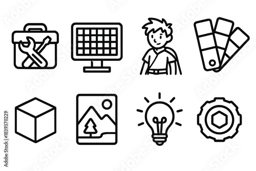 Game Design Icons. Creative Game Engagement linear set: mod toolkit, map editor grid, character sketch, color palette, build block, scenario card, idea spark, prototype token.