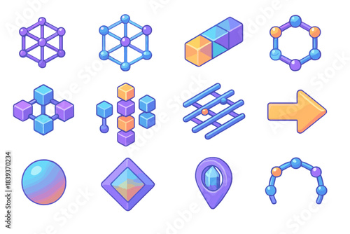 Colorful Crystal Icons. Crystalline Structure Systems flat isometric set: lattice tile, node array, unit cell bar, hexagonal ring, face-centered patch, body-centered stripe, atomic