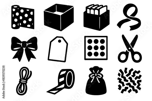 Gift Wrapping Icons. Present Wrapping Materials silhouette set: patterned paper roll, foldable box, colored tissue pack, satin ribbon, pre-made bow, blank tag, glue dots, craft