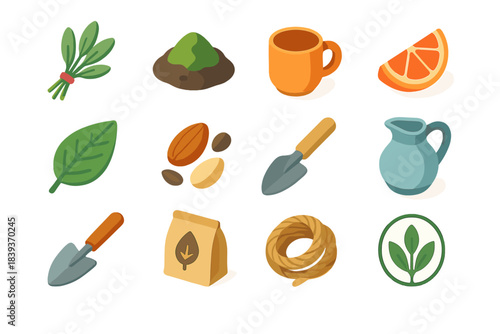 Natural Wellbeing Icons. Natural Wellbeing Set isometric flat set: herb bundle, earth mound, ceramic mug, fruit slice, green leaf, seed mix, wooden utensil, water jug, garden