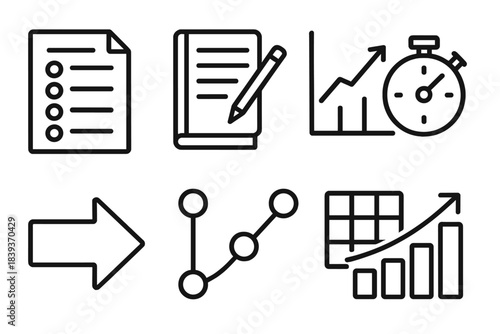 Academic Skills Icons. Academic Performance Skills linear set: test sheet, review notes, progress graph, study timer, focus arrow, milestone dot, organized grid, improvement bar.
