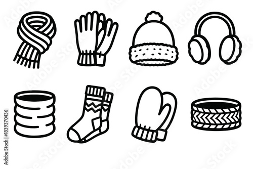 Winter Gear Icons. Outdoor Winter Gear linear set: heavy knit scarf, windproof gloves, sherpa-lined beanie, plush earmuffs, thermal gaiter, alpine socks, winter mitts, cozy knit