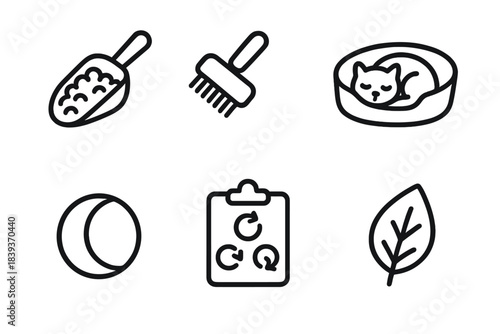 Pet Care Essentials. Everyday pet life linear set: feeding scoop, grooming comb, nap spot, play ball, routine chart, wellness leaf.