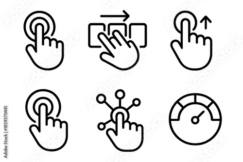 Interactive Gesture Icons. Interactive Touch Interfaces linear set: tap-and-hold icon, swipe flow tile, contact feedback arrow, tactile field ring, gesture recognition node,