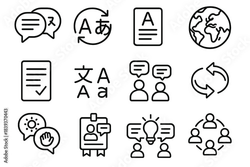 Global Language Icons. Language Exchange Elements linear set: bilingual chat bubble, translation loop, vocabulary card, world map icon, phrase sheet, character set, shared dialogue