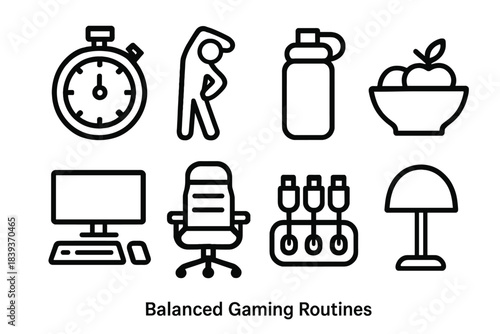 Balanced Gaming Essentials. Balanced Gaming Routines linear set: session timer, stretch break icon, hydration bottle, healthy snack bowl, tidy desk, comfy chair, cable organizer,