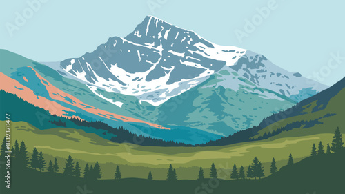 majestic mountain range landscape, vintage-inspired travel illustration showcasing high peaks, valleys, and natural scenery, suitable for adventure posters, travel brochures, retro design projects,
