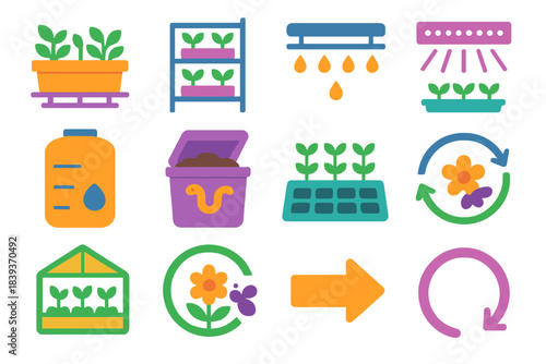 Urban Farming Icons. City Farming Frameworks flat set: balcony planter tile, stacked-grow shelf node, drip irrigation bar, full-spectrum LED panel, nutrient-mix tank patch,