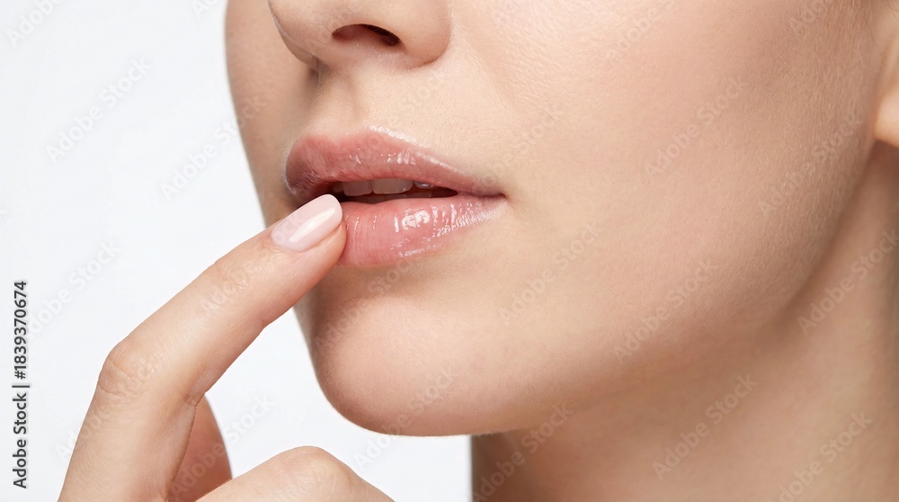Obraz premium Close up Macro Shot of a Woman s Luscious Lips with a Finger Gently Touching