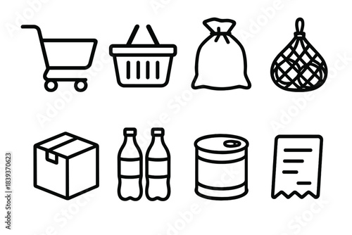 Retail Carry Icons. Retail Carry Items linear set: push cart, shopping basket, bulk bag, produce net, carton box, drink bottles, dry goods can, checkout note.
