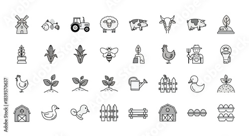Farm and agriculture line icons vector outline illustration isolated on farm animals, plants, and equipment symbols