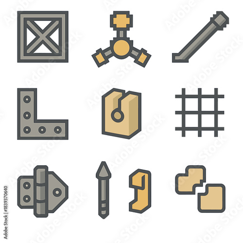 Pixel Construction Icons. Framework Construction Pieces set of icons in flat pixel vector style: lattice frame, joint node, support strut, bolt grid, bracket arm, alignment spacer,