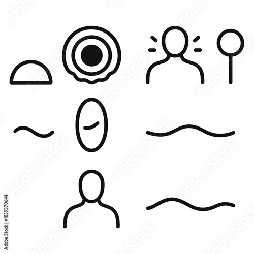 Serene Iconic Illustrations. Attuned inner presence linear set: soft arc, clarity ripple, peaceful glow, grounding point, gentle breath mark, serene line, subtle wave, ease icon.