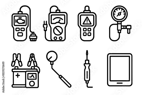 Car Diagnostic Tools. Car troubleshooting gear linear set: engine scanner, voltmeter, error code reader, tire pressure gauge, battery checker, inspection mirror, test lamp, tablet