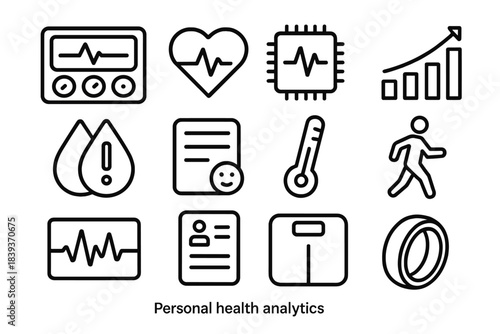 Health Dashboard Icons. Personal Health Analytics linear set: vitals dashboard, heartbeat sensor, data chip, wellness graph, hydration alert, symptom log card, body temperature