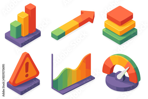 3D Risk Analysis Icons. Risk Spectrum Analysis flat isometric set: multi-level bar, hazard progression arrow, risk-tier tile, warning indicator, severity curve, assessment gauge.