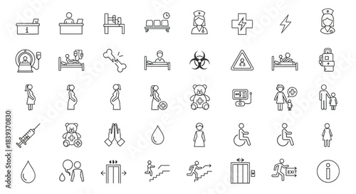 Hospital and medical line icons vector outline illustration isolated on healthcare, treatment, and emergency symbols