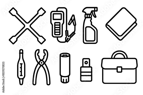 Automotive Tools Icons. Automotive upkeep kit linear set: lug wrench, battery tester, cleaning spray, microfibre towel, fluid tester, hose clamp tool, plug socket, tool bag.
