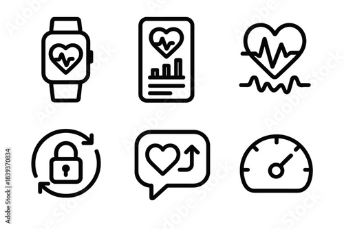 Connected Health Icons. Connected Health Experience linear set: wearable health tracker, mobile dashboard tile, real-time vitals icon, secure data sync arrow, patient feedback
