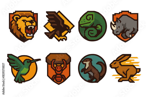 Animal Power Icons. Animal-powered hero icons set of icons in flat pixel vector style: lion roar emblem, falcon swoop, chameleon stealth pose, rhino charge, hummingbird hover, ant