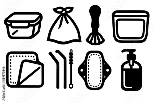 Zero-Waste Kitchen Icons. Zero-Waste Kitchen Set silhouette set: glass leftover container, cloth produce wrap, compostable brush handle, silicone snack pouch, washable napkin,
