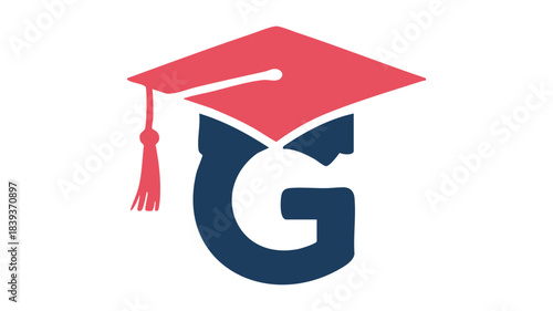 A stylized dark blue capital letter g wearing a red graduation cap with a matching tassel