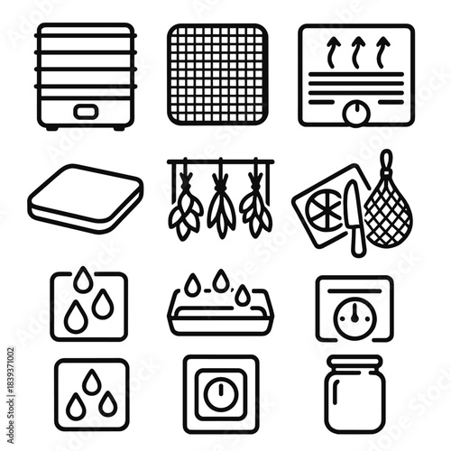 Dehydration Tools Icons. Dehydration Tools linear set: multi-tier dehydrator, fine-mesh rack, airflow vent panel, adjustable heat dial, silicone liner, herb-hanging frame, fruit