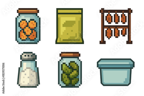 Pixel Art Preservation Icons. Food preservation basics pixel style set: canning jar, sealed pouch, drying rack, salt shaker, pickle container, airtight box.