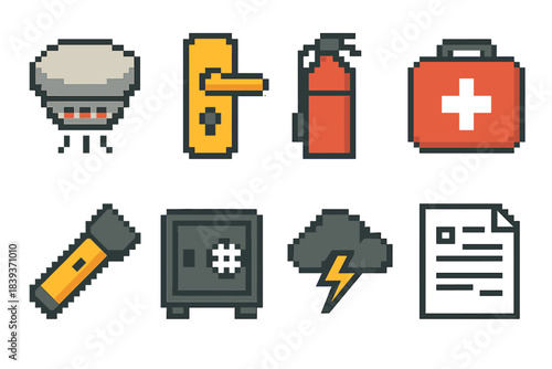 Safety Icons Set. Home & Personal Safety Suite pixel style set: smoke detector, door lock, fire extinguisher, emergency kit, flashlight icon, safe storage box, weather alert cloud,