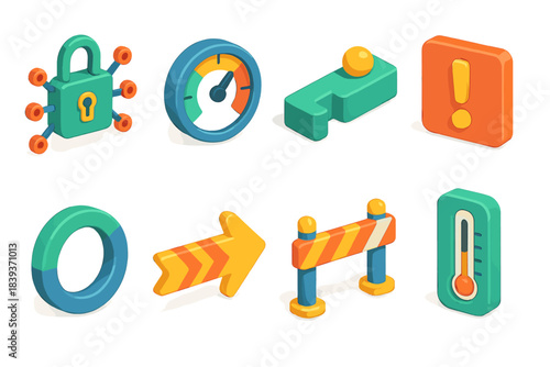 Colorful Safety Icons. Safe Operations Framework flat isometric set: protected circuit node, risk-monitor dial, controlled pathway bar, alert-state tile, system-stability ring,