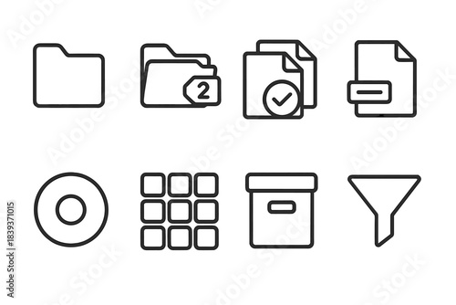 Organized File Management Icons. Clean File Practices linear set: tidy folder, version tag, duplicate check icon, naming label, clear cache dot, organized grid, archive box, file