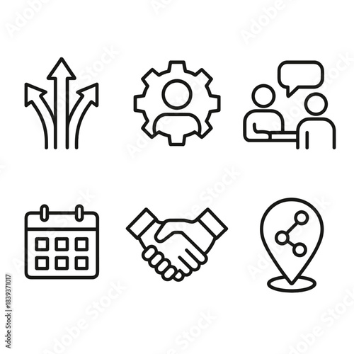 Strategic Growth Icons. Strategic Network Growth linear set: expansion arrows, skill hub, mentorship icon, event calendar, alliance symbol, career path marker.