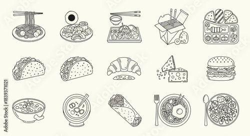 Fast food line icons vector outline illustration isolated on restaurant, meal, and unhealthy eating symbols