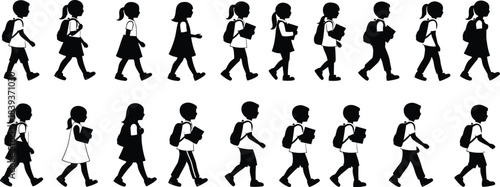Elementary school students walking vector silhouette set, boys and girls going to education with backpacks, back to school concept, for graphic design, on white. (24 words)